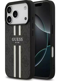 Θήκη Guess 4G Printed Stripes MagSafe με Επένδυση Συνθετικού Δέρματος για iPhone 17 Pro - Μαύρο