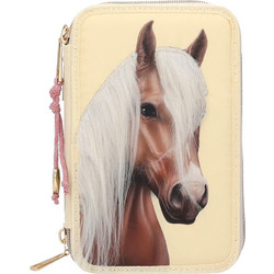 Miss Melody - Triple Pencil Case With Horse Head Application - Light Yellow