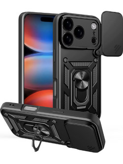 Hybrid Armor Camshield iPhone 17 Pro Case with Stand and Camera Cover - Black