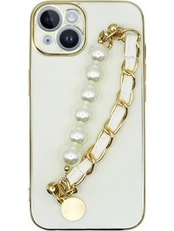 Vivid Silicone Case Pearl Chain Holder Apple iPhone 14 White/Gold