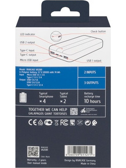 Rivacase VA2081 Power Bank 20000mAh με Θύρα USB-A & Θύρα USB-C White