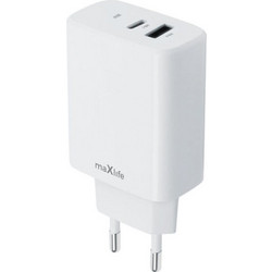 Φορτιστής Πρίζας Quick Power Charger Maxlife GaN3 PD+QC 1 x Type C & 1 x USB A 5V-20V 30W White MXTC-10-30AC