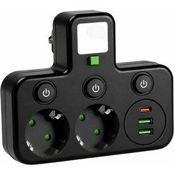 Αντάπτορας Πρίζας με 2 Πρίζες Σουκο, 2 USB-A, USB-C και LED Φωτισμό Νυκτός - Aria Trade