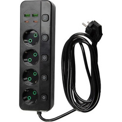 Πολύπριζο 4 Θέσεων 2500W με Καλώδιο 3m, 2 USB-A, 2 USB-C 20W και Διακόπτες - Aria Trade