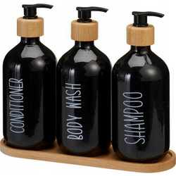 Σετ 3 Dispenser Μπάνιου 500ml για Σαμπουάν, Conditioner και Αφρόλουτρο με Βάση από Μπαμπού Μαύρο - Aria Trade