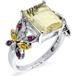 Δαχτυλίδι Κ18 λευκόχρυσο με Lemon Quartz, ζαφείρια και διαμάντια - M309458