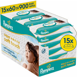 Pampers Aqua Soft Touch Μωρομάντηλα με Νερό Χωρίς Οινόπνευμα Άρωμα & Parabens 15x60τμχ