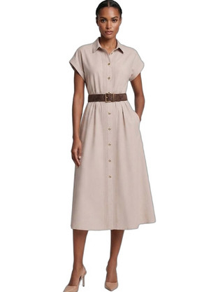 Fibes Fashion Midi Καλοκαιρινό Καθημερινό Φόρεμα Μπεζ 05-9554