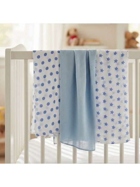Gamberritos Stars Dots Πάνες Αγκαλιάς από Μουσελίνα Λευκές Γαλάζιες 80x80cm 3τμχ 9274B-10