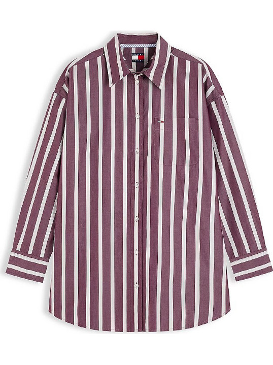 Tommy Jeans Μακρυμάνικο Γυναικείο Πουκάμισο Βαμβακερό Ριγέ Μπορντό DW0DW23340-0EG