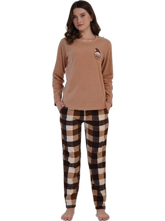 Vienetta Secret Σετ Γυναικείες Πιτζάμες Χειμωνιάτικες Fleece Καφέ Ανοιχτό 161924