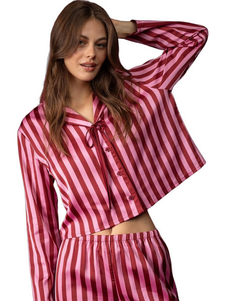 Admas Luxury Σετ Γυναικείες Πιτζάμες Σατέν Ριγέ Love Pink