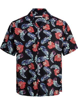 Jack & Jones Ανδρικό Πουκάμισο Λινό Φλοράλ Κοντομάνικο Κανονική Γραμμή Μαύρο Πολύχρωμο 12208796-BLK