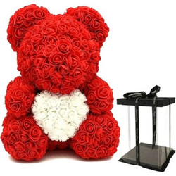 Αρκουδάκι από Τεχνητά Τριαντάφυλλα Κόκκινο με Λευκή Καρδιά 40cm Σε Κουτί