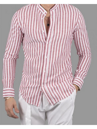 D'Zine Ανδρικό Πουκάμισο Λινό Ριγέ Μακρυμάνικο Slim Fit Κόκκινο D-23455A