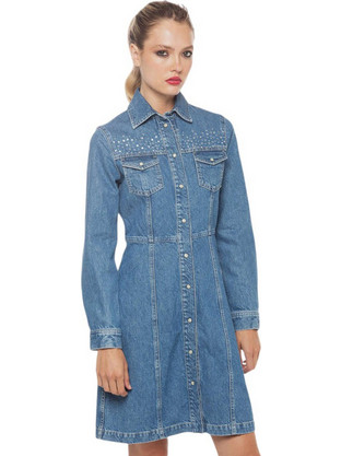 Pepe Jeans Luna Mini Καθημερινό Φόρεμα Σεμιζιέ Τζιν Γαλάζιο PL953623
