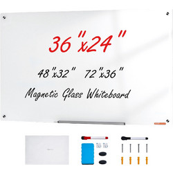 Whiteboard VEVOR Magnetic Glass, Dry Erase Board 36"x24" Επιτοίχια Μεγάλη Λευκή Γυάλινη Πίνακας χωρίς πλαίσιο, με Δίσκο μαρκαδόρων, Γόμα και 2 Μαρκαδόρους, Λευκό
