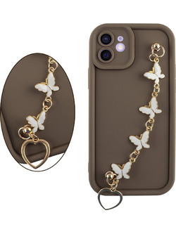 Volte-Tel Θηκη Iphone 12 6.1'' Silicon Tpu With Strap Full Camera Protection Brown With White BUTTERFLIES