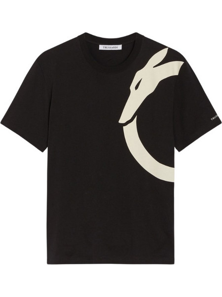 Trussardi Relaxed Fit Greyhound Shoulder Print Ανδρικό Cotton T-Shirt - ΜΑΎΡΟ