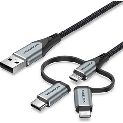 Vention USB 2.0 A Male to 3-in-1 Micro-B&USB-C&Lightning Male Cable 1M Gray Aluminum Alloy Type