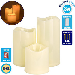 GLOBOSTAR(R) FIREFLAME 79552 Διακοσμητικό Κερί με IR Ασύρματο Χειριστήριο LED 0.5W 25lm 120 DC 3V με 9xAA Μπαταρίες IP20 Θερμό Λευκό 2700K Dimmable - Μπεζ -Μ7.5 x Π7.5 x Υ15cm - Πακέτο 3 Τεμαχίων