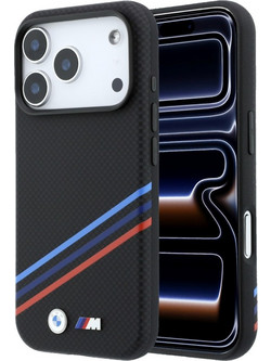 BMW M Quadrille Kevlar Print Tricolor Lines & Metal Logo MagSafe Back Cover Black (iPhone 18 Pro / 17 Pro)