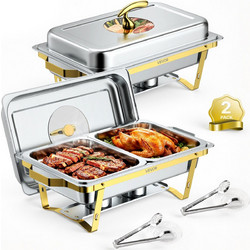 VEVOR Σετ 2 Ορθογώνιων Chafing Dishes Μπουφέ 8,5L από Ανοξείδωτο Ατσάλι με Γυάλινο Καπάκι, Δοχεία Καυσίμου και Λαβίδα ZFXCLBXGGHBLHPFJP001V0